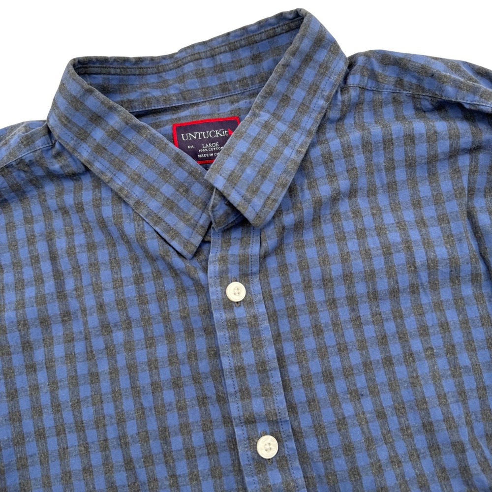UNTUCKit Men‎ Large Blue Grey Gingham Check Cotton Long Sleeve Button Down Shirt